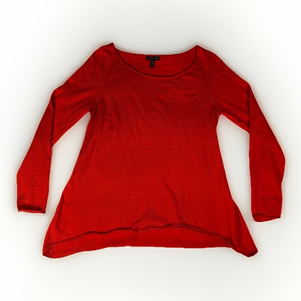 Eileen Fisher Tunic Womens S/P Red Merino Wool Long Sleeve Scoop Neck Sweater